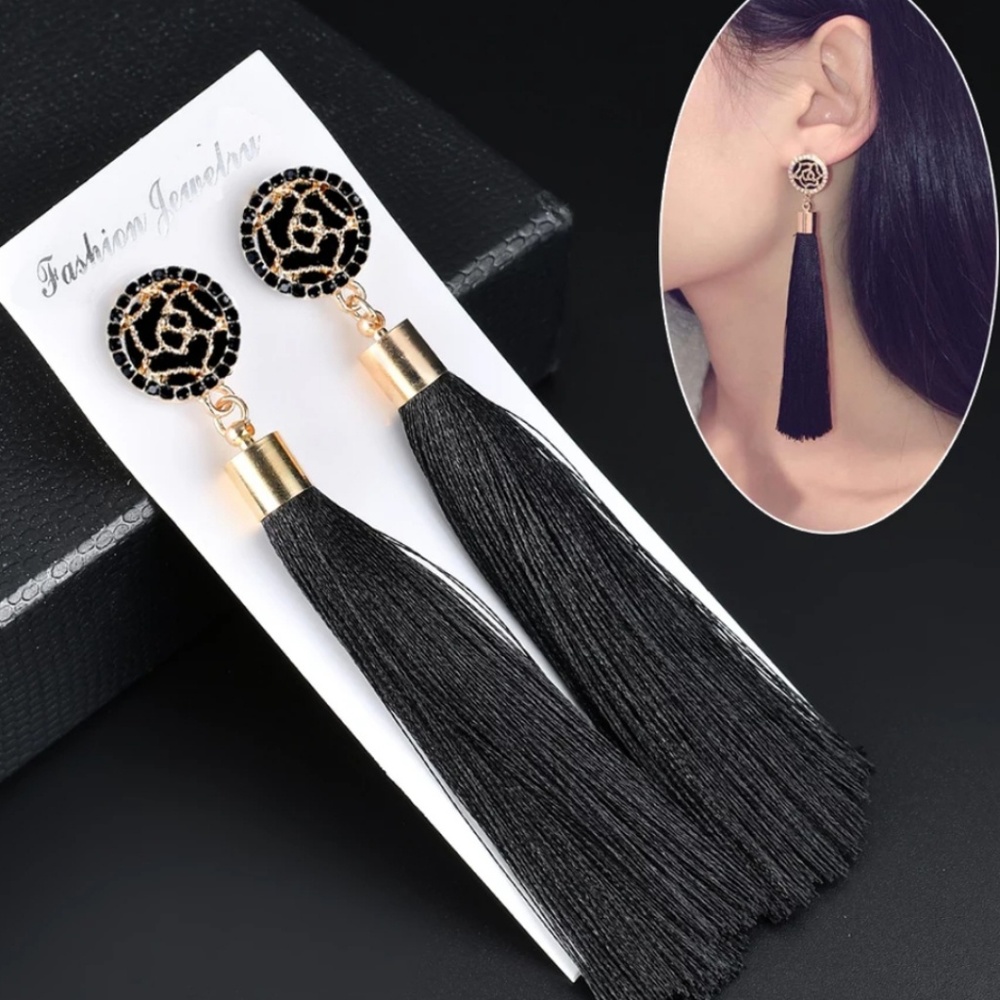 Long Fringe Tassel Statement Rhinestone Earrings - Picture 3 of 4